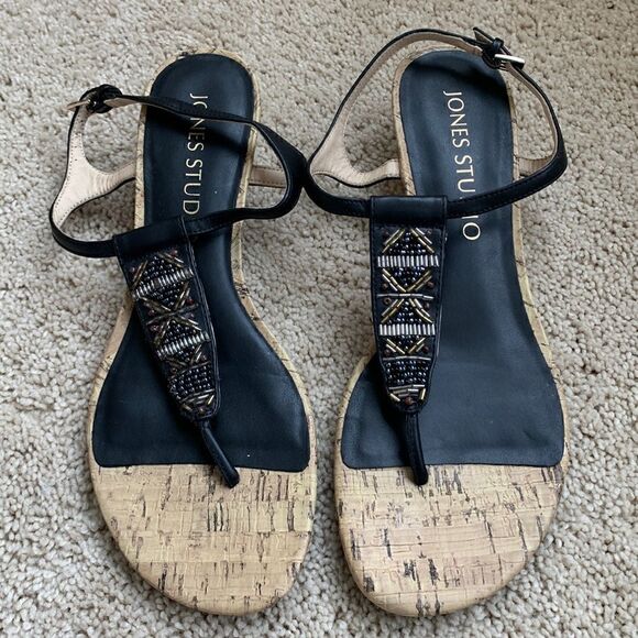 ‎Jones Studio Beaded Boho wedge ankle strap cork sandals Black Size 9 - Picture 2 of 8